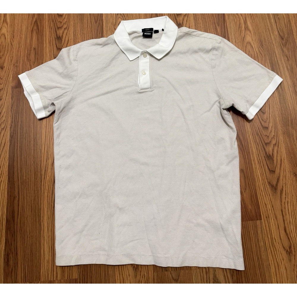 BOSS Polo Shirt Mens XL Phillipson 37 White Two Tone Slim Fit Mercerized Cotton